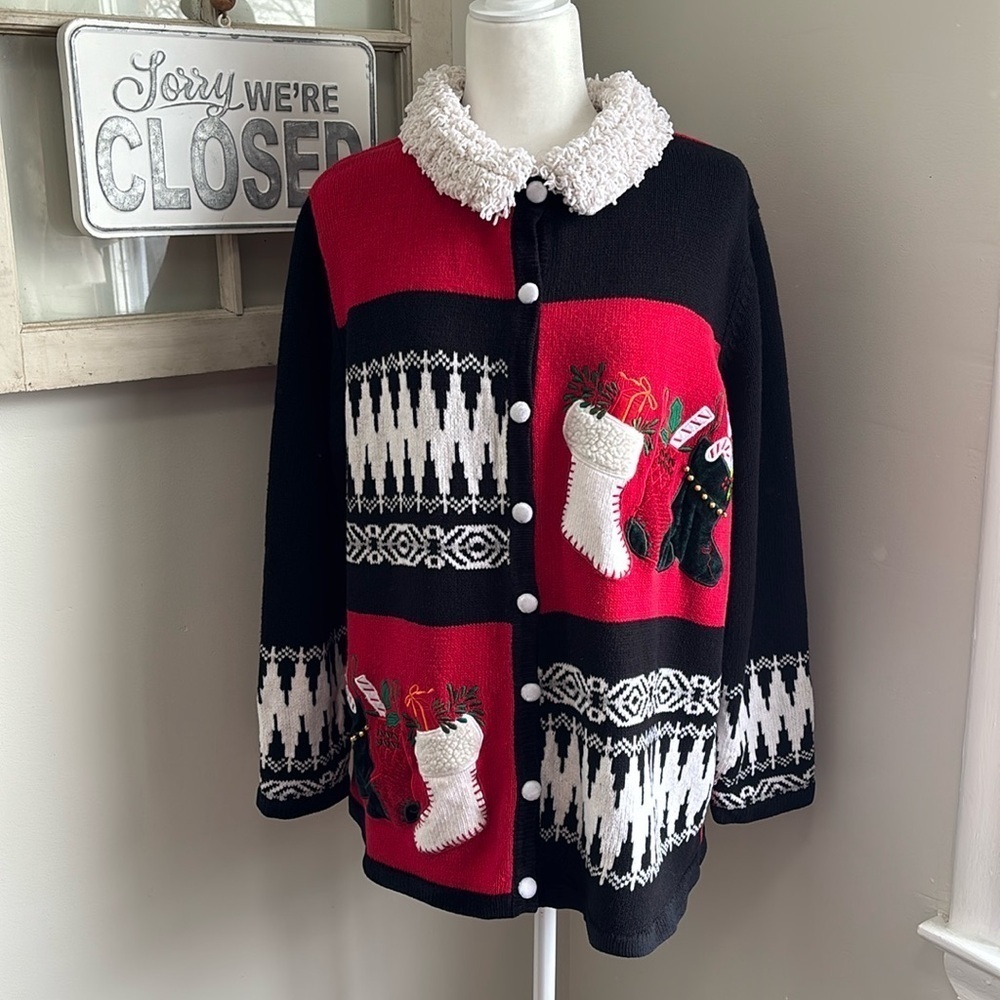Extra Point by Reference Point Christmas Knit Velvet Button Down Cardigan NWOT